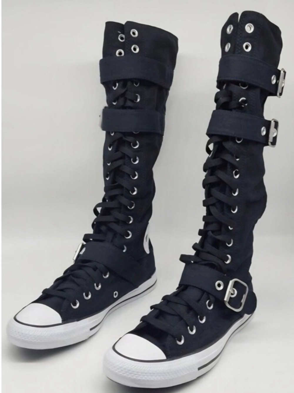 Converse Black Over-the-Knee Lace-Up Canvas Boots with Buckle Straps